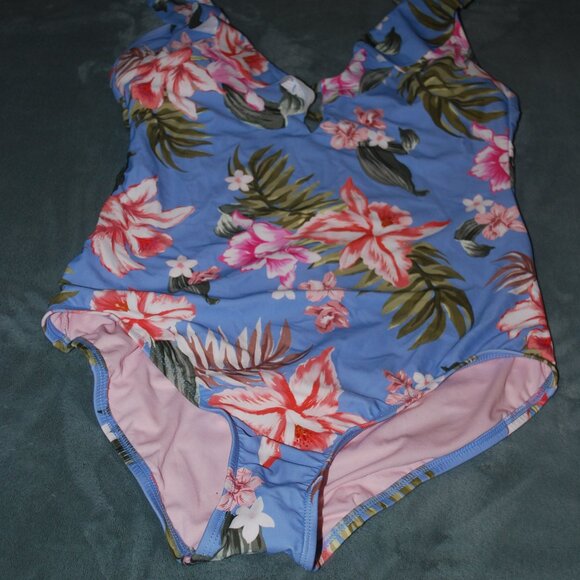 Kona Sol - Ruffle Neck One Piece Floral Bathing Suit - Size L 12-14 NWT - Picture 10 of 12